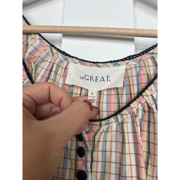 NEW The Great. Puff Sleeves Button Front The Porch Cotton Top Pastel Plaid - Picture 4 of 8